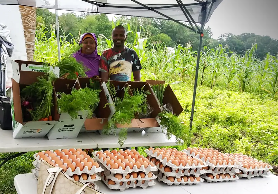 a man and woman refugee selling eggs and produce at a farmers market