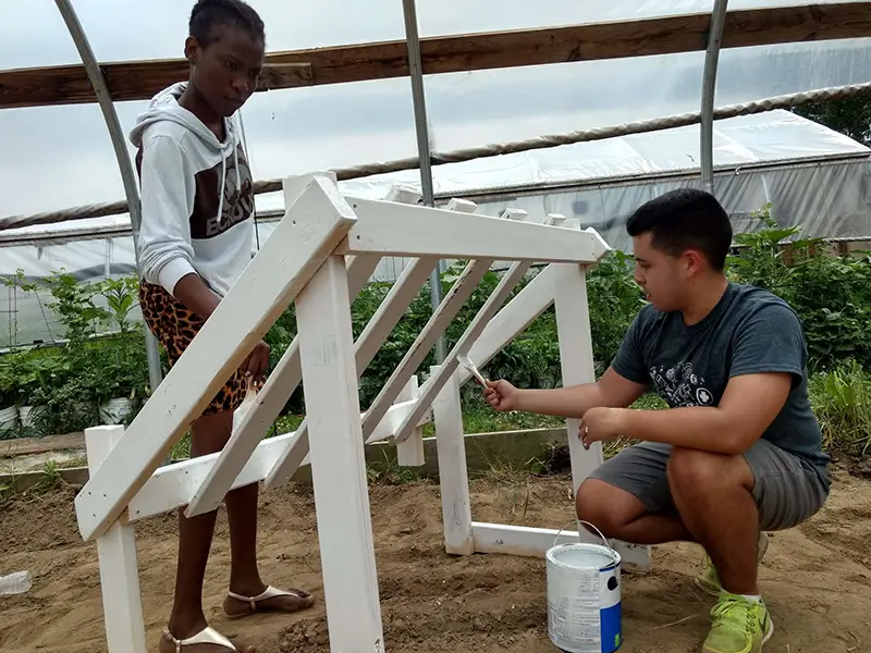 two young boys painting a wooden structure on a farm